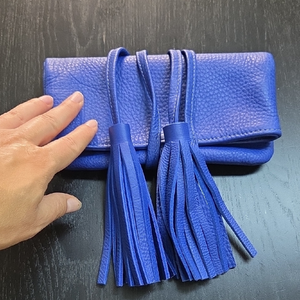 Blue Leather Clutch with Tassels
